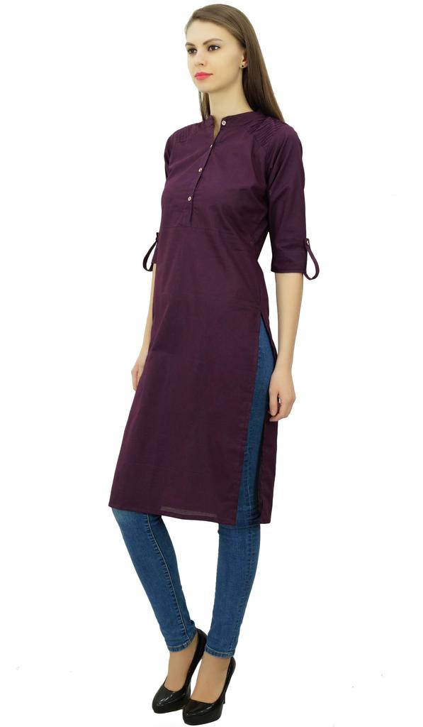 Phagun Cotton Plain Kurti Tunic Mandarin Collar Ethnic Casual Kurta Blouse