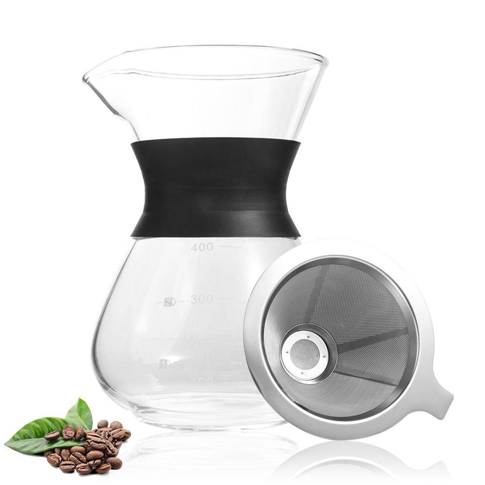 Reusable Drip Coffee Brewer Stainless Steel Glass Carafe Pot Unbreakable Conical Filter  Camping