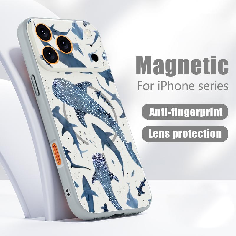 Чехол с рисунком мультяшных акул Для iPhone 17 Pro Max Магнитный Для Magsafe Покрытие с ощущением кожи Для iPhone 16 15 14 13 Pro Max