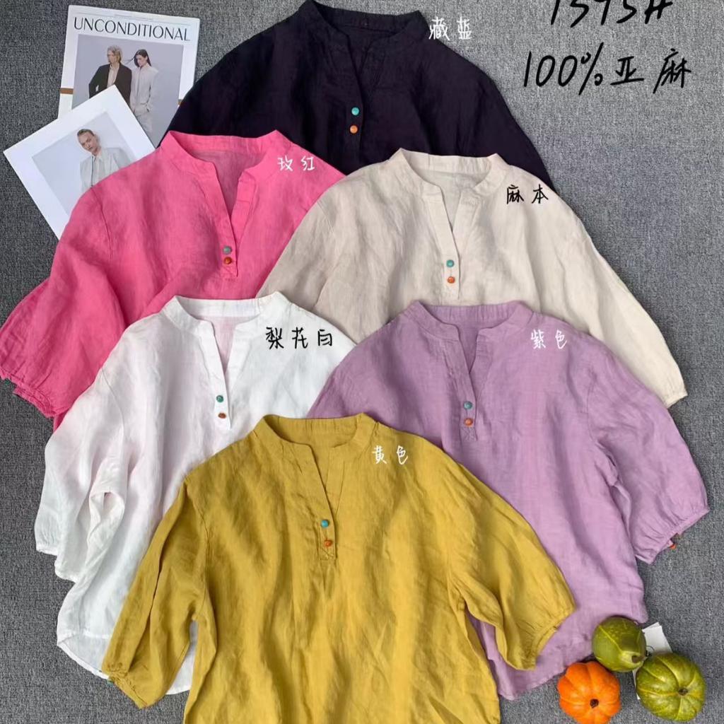 1116 summer new women's round neck Japanese linen shirt loose shirt top half cardigan retro literary style