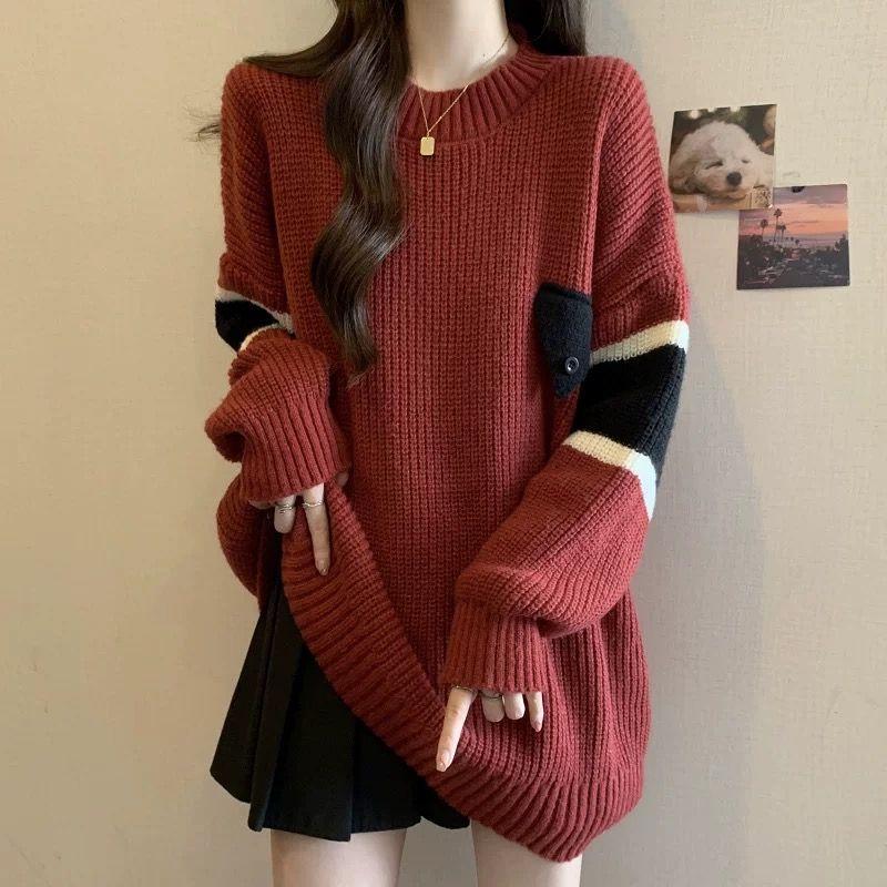 Весна Осень Новый Ленивый Стиль Модный Дизайн в Цветовой Блок Повседневный Свитер Женский Средней Длины Вязаный Топ Трендовый