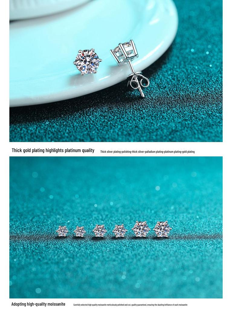 925 Sterling Silver Six-Prong Moissanite Stud Earrings, ID Supported