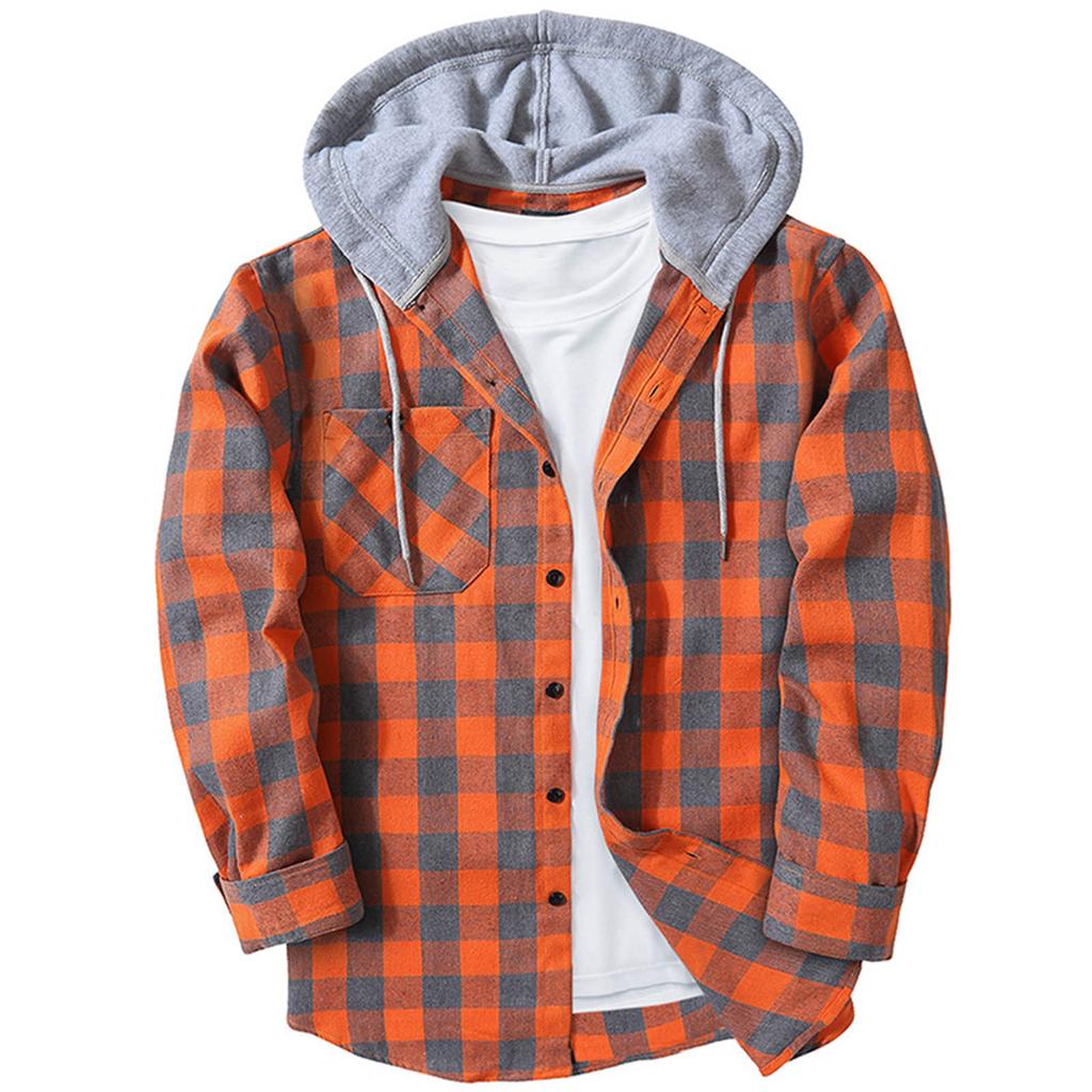  Plaid Pattern Men's Long Sleeve Hooded Shirt Jacket With Chest Pocket, Men's Casual Fall And Winter Coat