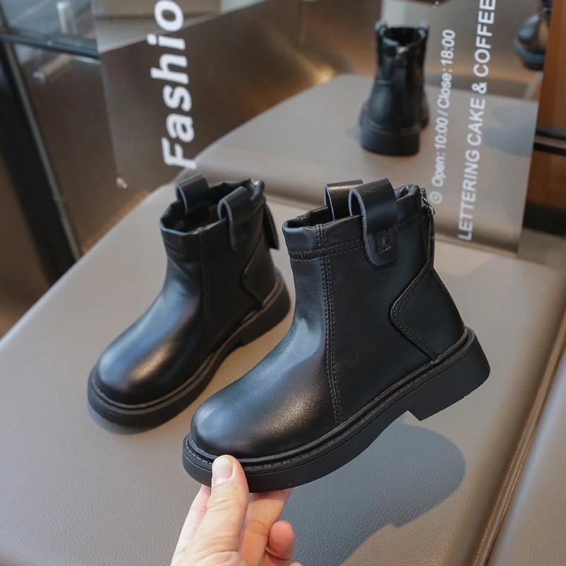 Детские ботинки весна-осень, простые, с круглым носком, для девочек, школьные, ботильоны, модные, нескользящие, детские, повседневные, кожаные ботинки, размер 26-36