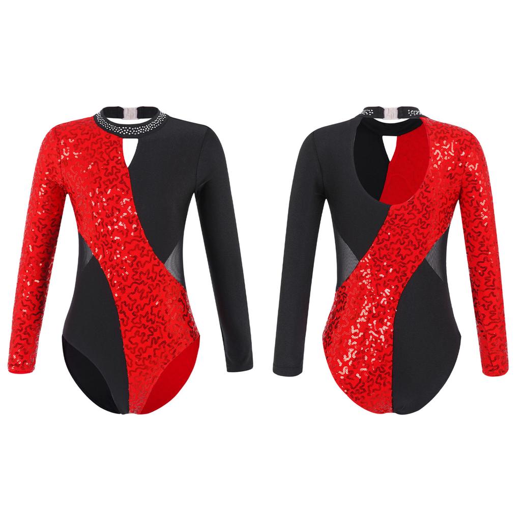 Детский гимнастический трико с открытой спиной для девочек, боди для фигурного катания с блестящими пайетками и длинными рукавами для танцев
