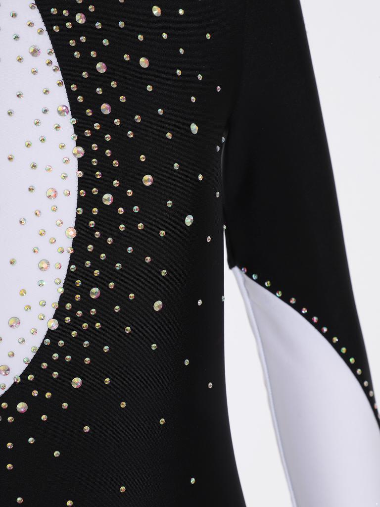 Girls Long Sleeve Round Collar Shiny Rhinestone Decorated Contrast Color Backless Jumpsuit Gymnastic Wear