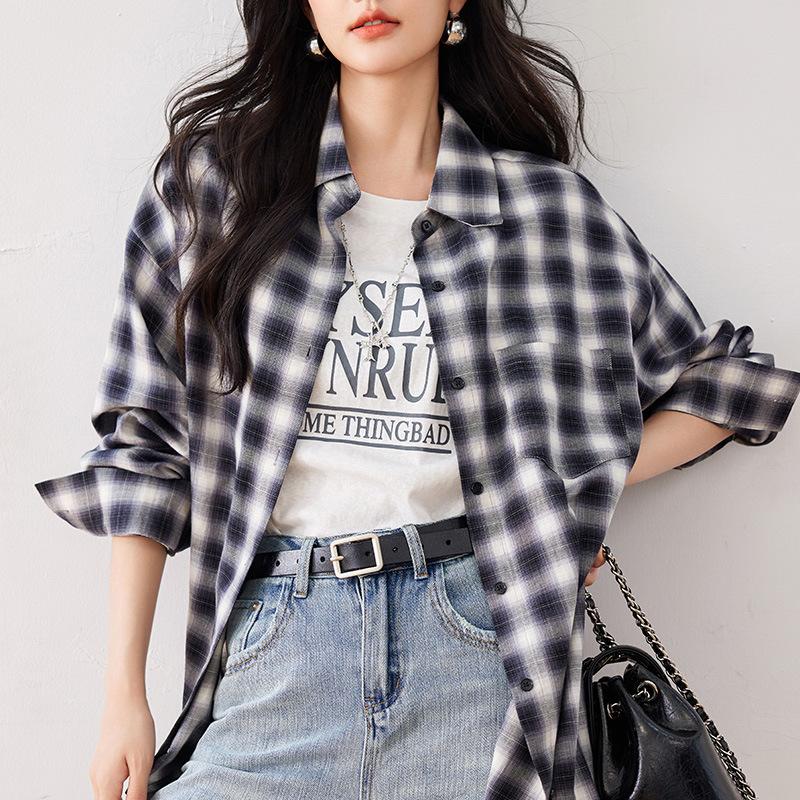 Женский винтажный клетчатый повседневный свободный топ с длинными рукавами