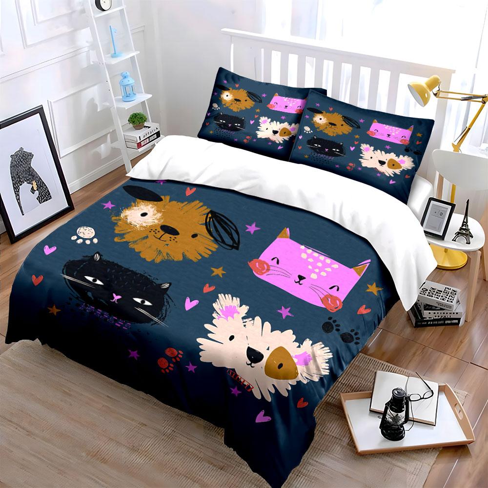 Cute Animal Faces Pattern Set Bedding Duvet Cover Set Duvet Cover Pillowcases (1*Duvet Cover 2*Pillowcases, without duvet insert)