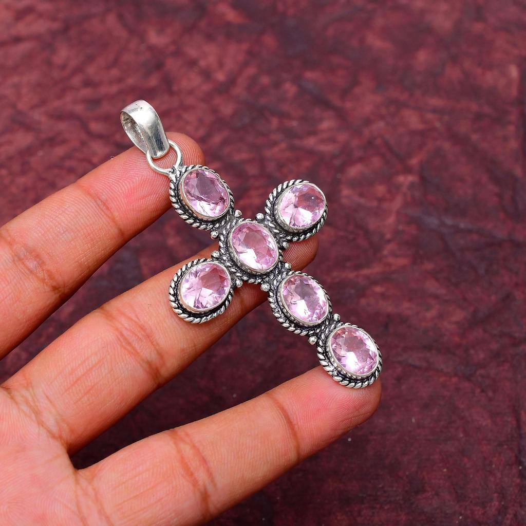 Pink Kunzite Gemstone Cross Shape Pendant Gemstone : 925 Sterling Silver Handmade Jewelry Pendant
