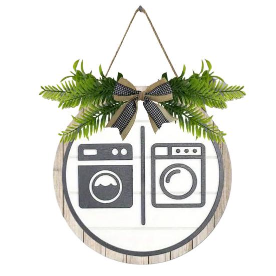 Деревянный гендерный тег Yousheng, знак для туалета, прачечной с бантом, деревенский подвесной знак с искусственными зелеными листьями для декора ванной комнаты и прачечной