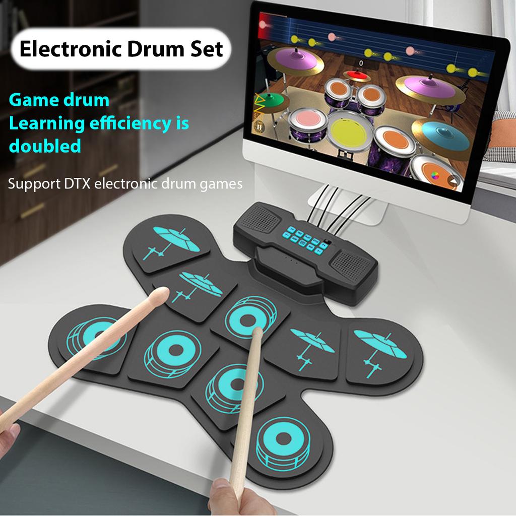 Electronic Drum Set Hand Roll Drum Set 9 Pads Dual Speaker Rechargeable Holiday Birthday Gift