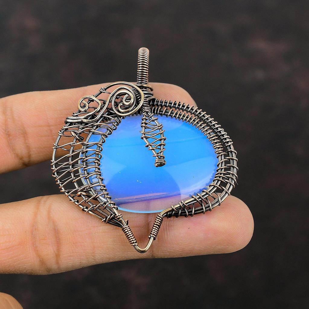 Подвеска из молочного опала, обернутая медной проволокой, ручная работа, ювелирные изделия из молочного опала, уникальный кулон из драгоценных камней, обернутая медной проволокой, ювелирная подвеска для подарка