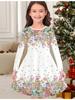 Girls' Autumn and Winter Fashion Dress, 3D Flower Print Round Neck Long Children's T-shirt Dress, Casual Versatile, Christmas Clothing