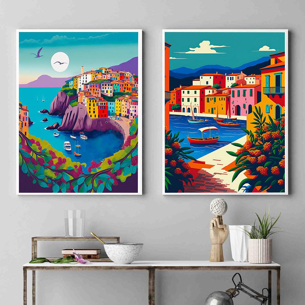 Набор из двух постеров с итальянским пейзажем, постер с морским пейзажем, картина маслом, абстрактный круиз на пристани, печать на холсте, гостиная, домашний декор