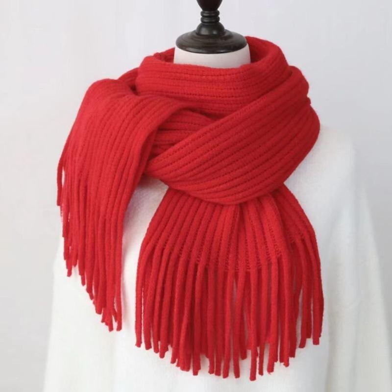 Winter Long Scarf Women's Simple Fringed Shawl with Imitation Cashmere Windproof Warm Solid Color Scarf