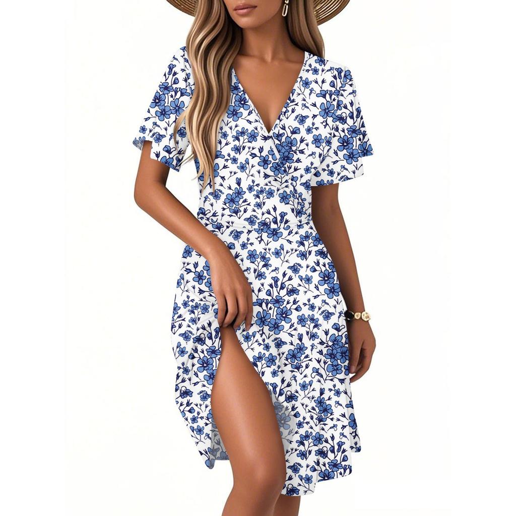 Женское повседневное модное платье с винтажным цветочным принтом и коротким рукавом и V-образным вырезом