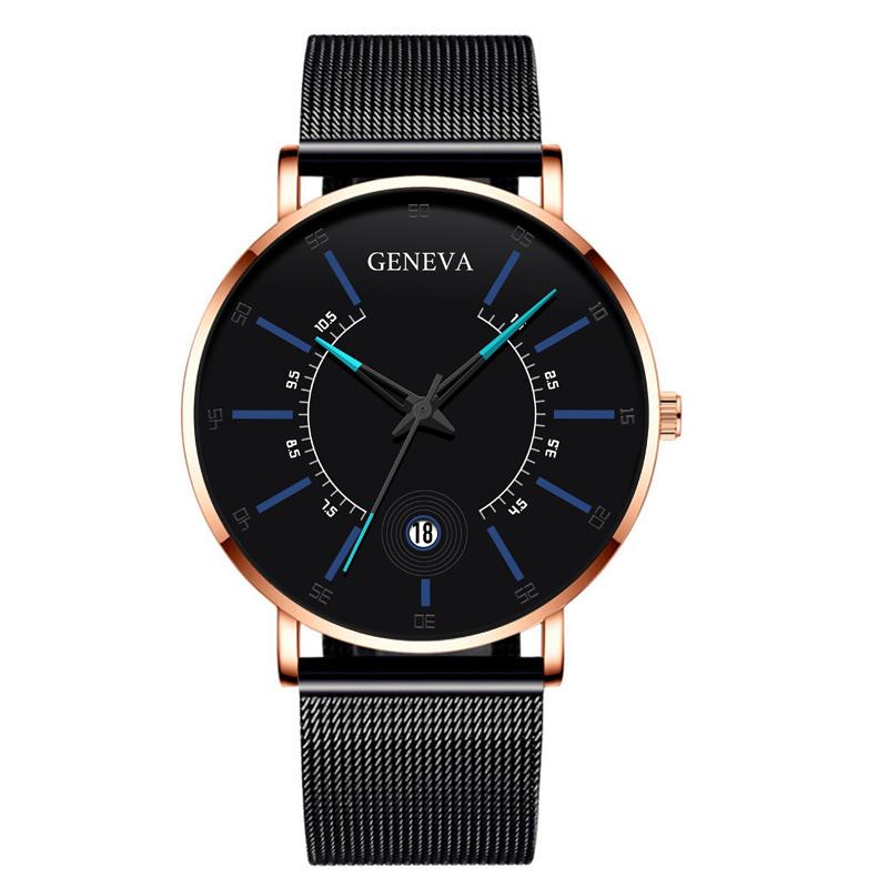 Geneva Mens Watches Balck Ultra Thin Stainless Steel Mesh Band Calendar Quartz Wristwatches Relogio Masculino reloj mujer