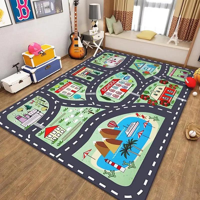 Car Rug Play Mat Road Rug Kid Play Mat Playroom Toy Car Mat Kids Carpet City Map for Bedroom Classroom Home Decor