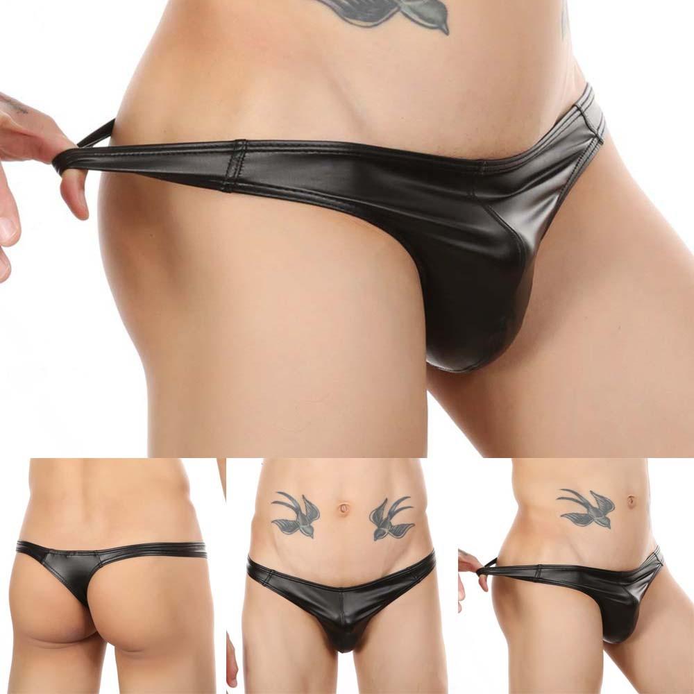 Mens Faux Leather Briefs Lingerie G-String Thongs Underwear Sexy Low Rise Bikini