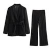 Office Lady White Blazer Suits Women Long Sleeve V Neck Sashes Blazer High Waist Wide Leg Long Pants Fashion