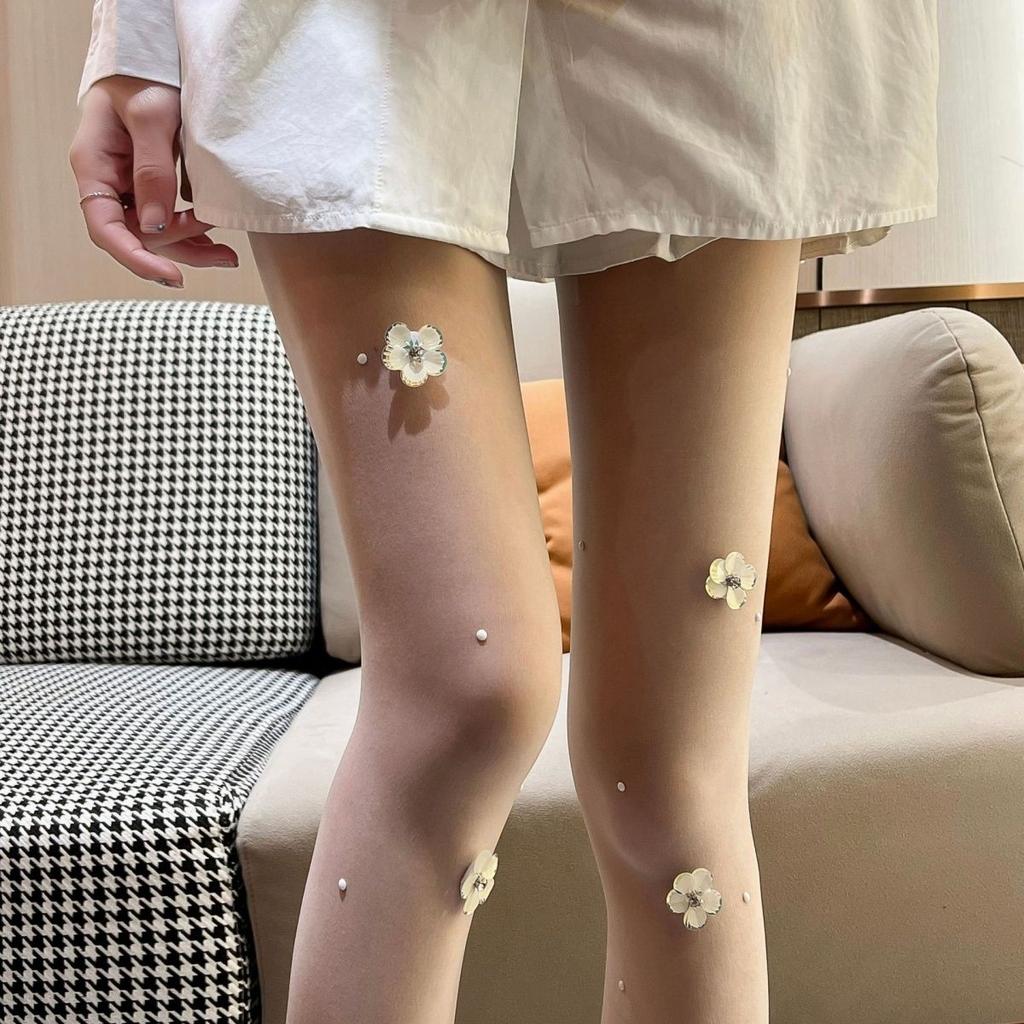 Молочно-белые колготки для женщин с цветочным узором, чулки против затяжек со стразами