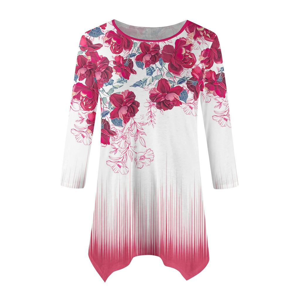 Женская модная повседневная рубашка с круглым вырезом и цветочным принтом, рукавами-семью, свободным удобным топом с поясом