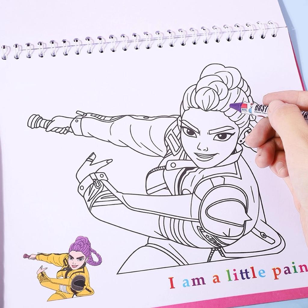 Новый! Отряд охотников на ведьм - Детская раскраска в стиле K-Pop с граффити (с цветными карандашами) | Образовательная раскраска и книга для рисования