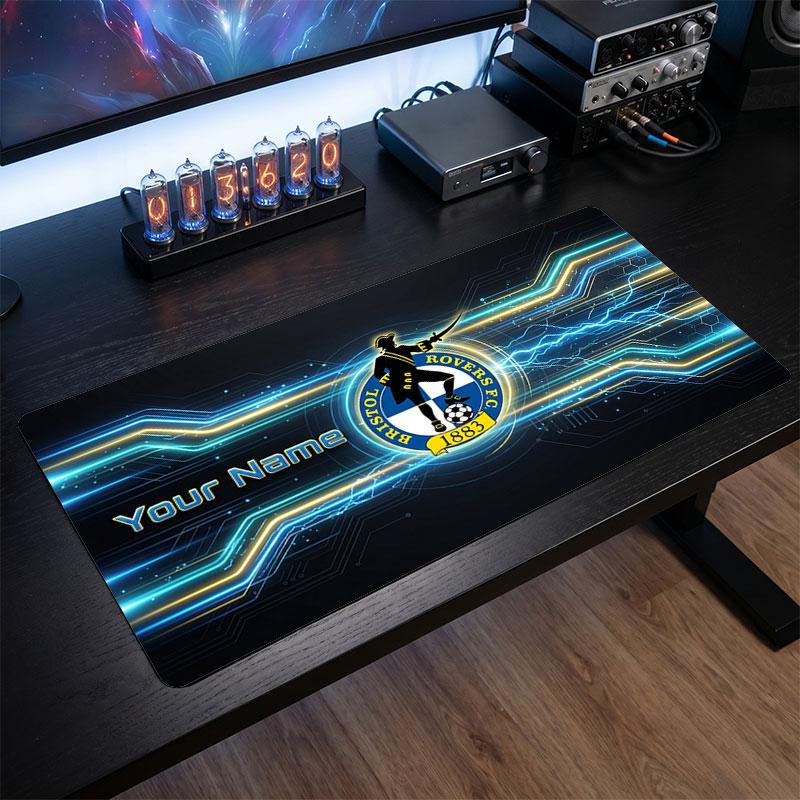 Bristol Rovers Custom Large Mouse Pad, Personalized Name Text Print, Football Logo Non‑Slip Desk Mat Gaming Gift