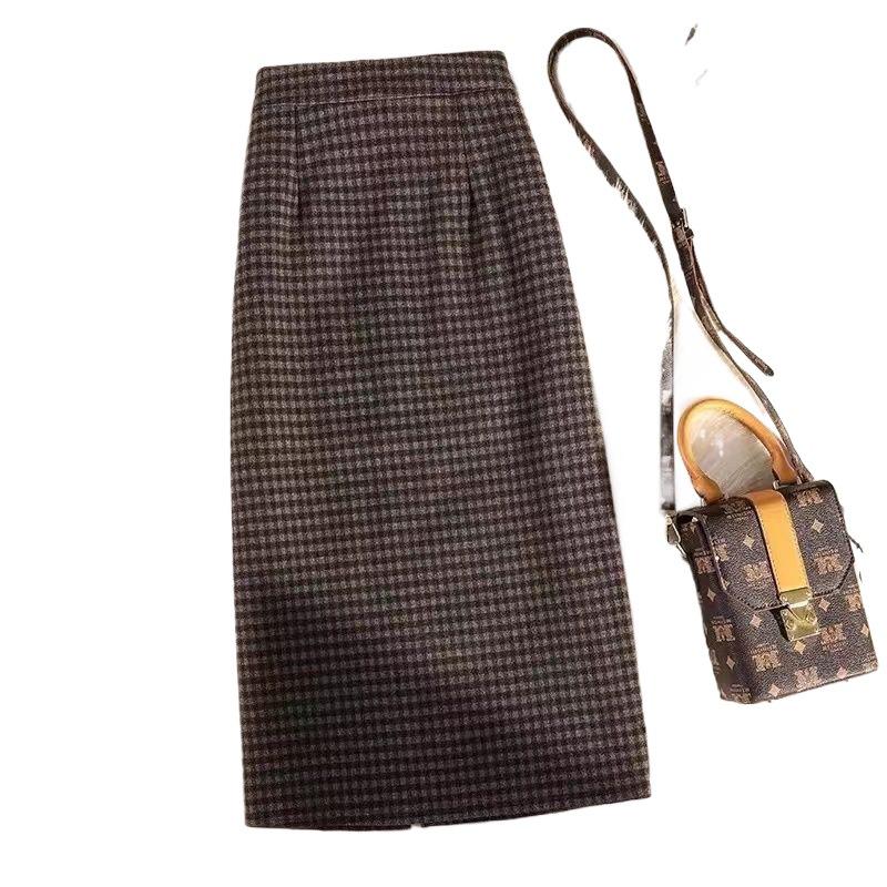 Ultra-Thick Woolen Plaid Midi Skirt - Women's High Waist A-line Bodycon for Autumn/Winter