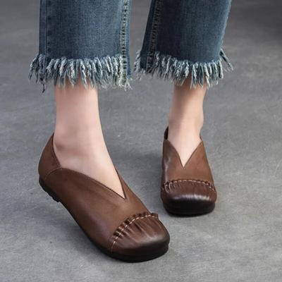 Туфли на плоской подошве из натуральной кожи в стиле ретро, ​​повседневные однотонные женские туфли без шнуровки на мягкой подошве с круглым носком