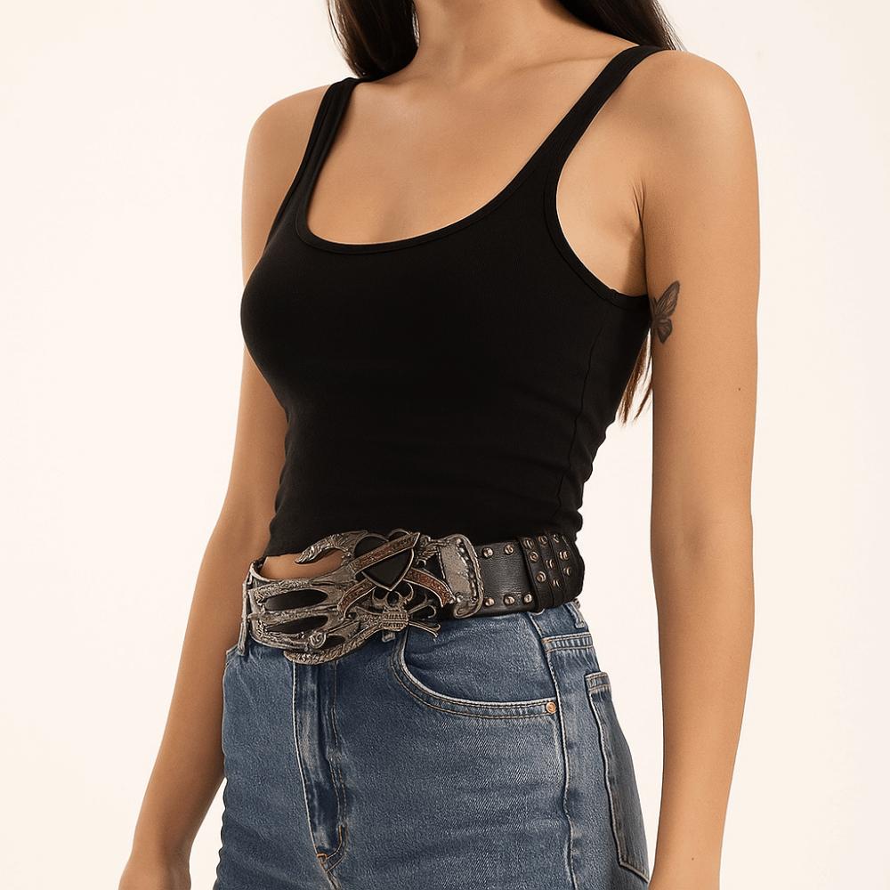 American Punk Skull Rivet Belt Jeans Decor PU Leather Waistbands Fashion Love Hand Palm Belt Youth