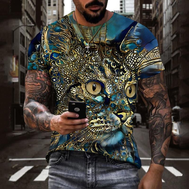 Летние мужские футболки с 3d принтом, забавная синяя футболка с рисунком кота, модная футболка с короткими рукавами, дышащая рубашка с круглым вырезом для мужчин