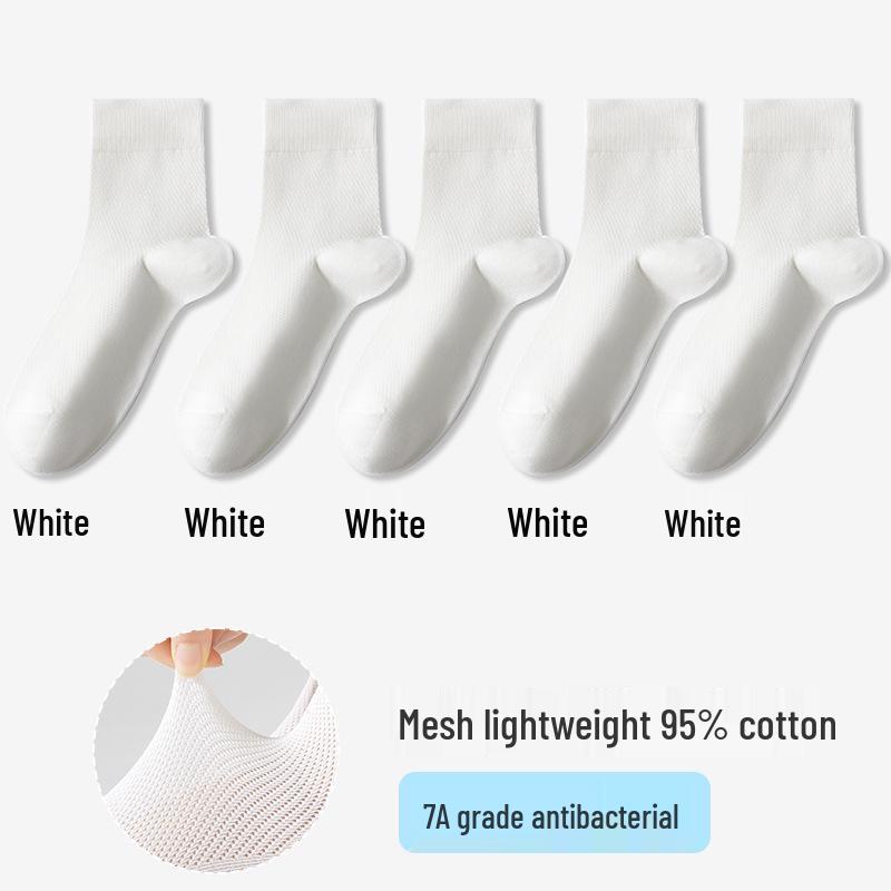 Женские летние хлопковые сетчатые носки до середины икры - Впитывающие пот, Устойчивые к запаху, Дышащие, Нескользящие, Бесшовные, Белые.