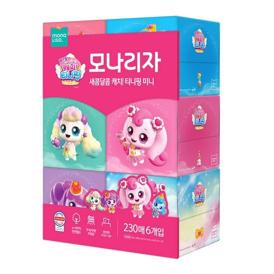 Mona Lisa Catch! Tiniping Mini Beauty Tissue 230 Sheets, 6 Packs, Natural Pulp, 230 Packs, 6 Packs, a Popular Character In Korea