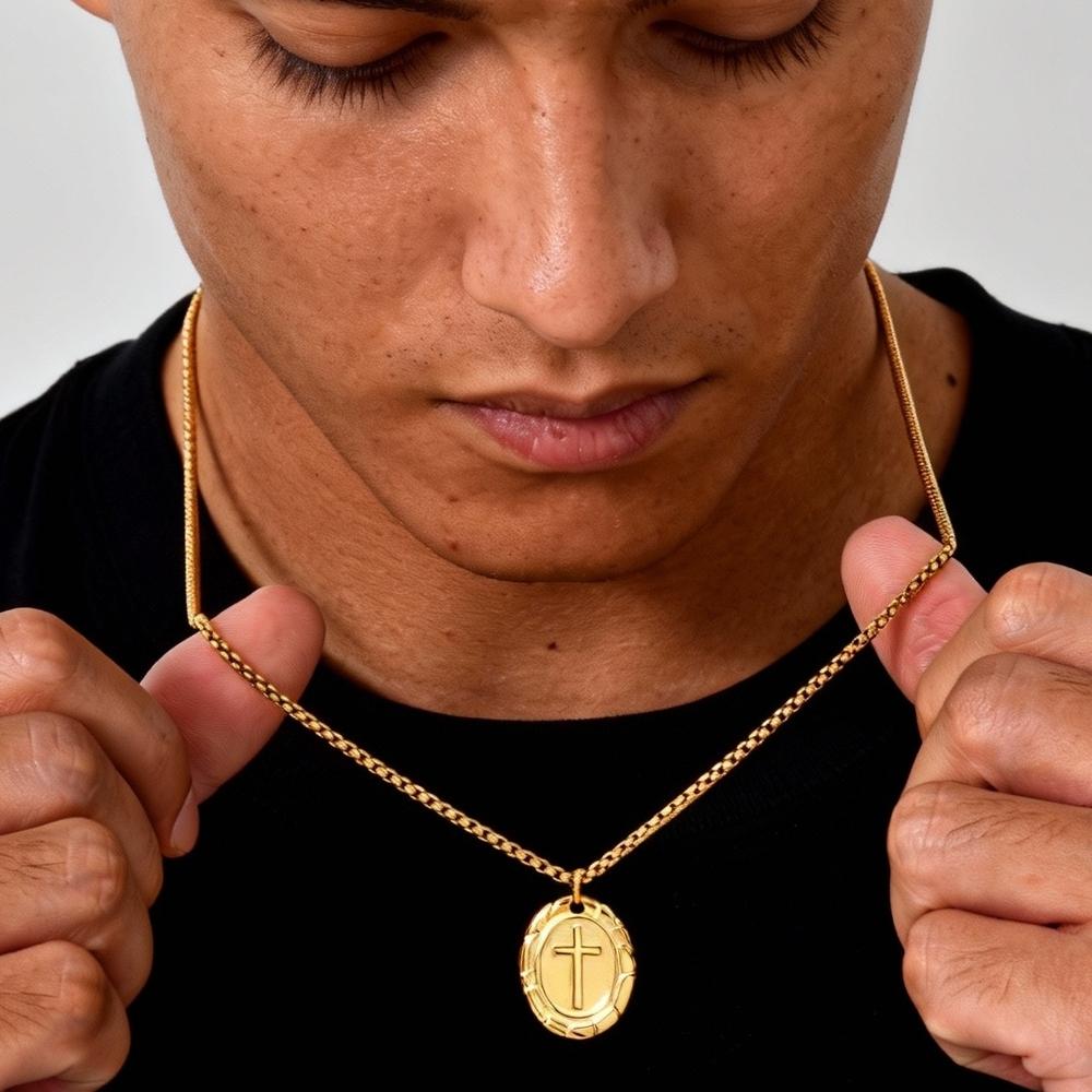 Золотые necklaces с крестом для мужчин, Нержавеющая сталь, Овальный кулон-крест, Новый панк-религиозный ошейник, Подарки