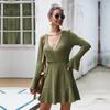 Summer Casual Solid Ruffles Women Dress V-neck Full Sleeve Above Knee, Mini Blue Brown Gray Army Green S M L XL
