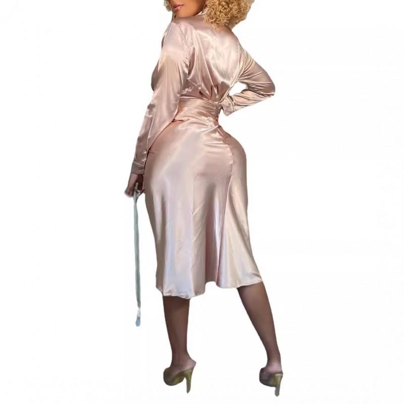 Winter Long Sleeve Dress Collared Satin Slim Fit Sexy A-line 3 Colors 4 Sizes