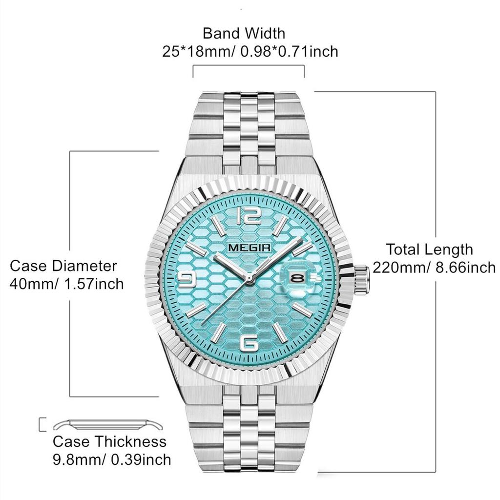 Megir Часы мужские наручные с большим циферблатом, деловые, для отдыха, из нержавеющей стали, водонепроницаемые, люминесцентные, с автодатой, подарок для мужчин, Reloj Hombre 1101