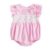 Baby Girl Easter Romper Short Sleeve Ruffle Collar Bunny Embroidery Smocked Bodysuit Newborn Outfit