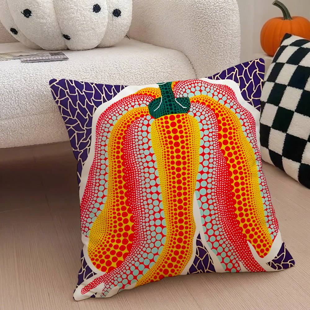 Yayoi Kusama Abstract Art Pumpkin Pillow Case Anti-Dustmite Pillowcase Invisible Zipper Silky Short Plush Sofa Cushion Cover