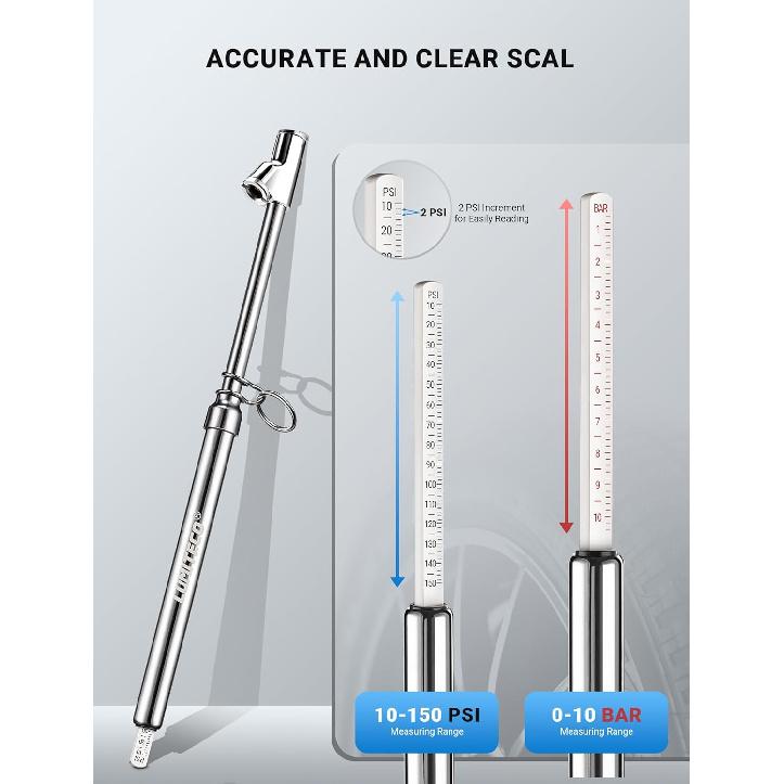 Манометр для шин с двойной головкой, Сверхпрочный удлинитель, Манометр для шин для диапазона давления 10-150PSI 1-10BAR, Прямой наконечник, Двойной патрон, Авто