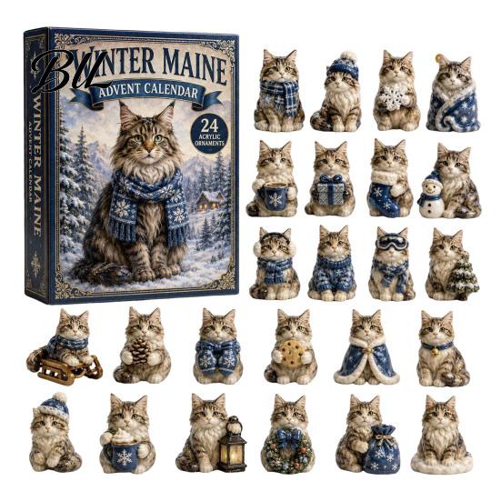 24 Day Christmas Countdown Cat Advent Calendar, with Cute Ornaments, Calendar 2D Acrylic Kitty Holiday Decorations, Gift for Kids, Party Favors Gifts