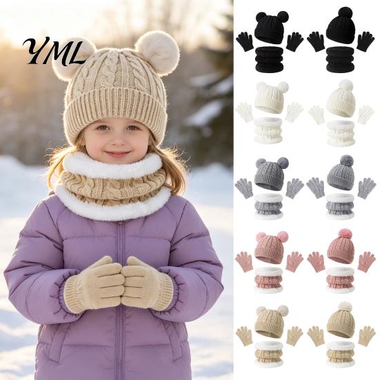 Five Finger Winter Gloves for Toddlers Kids Warm Knit Set, Bear Ear Hat, Fleece Lined Neck Gaiter & Toddler Hat Scarf Glove Set Full Gloves,