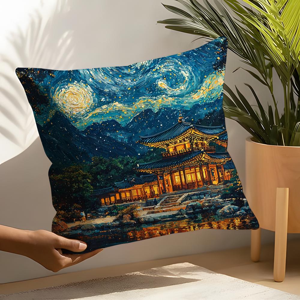 Korea Foguo Temple Pillow Case Linen Cushion Covers For Decorative Sofa Home Pillows Case Car Chair Pillows Cases