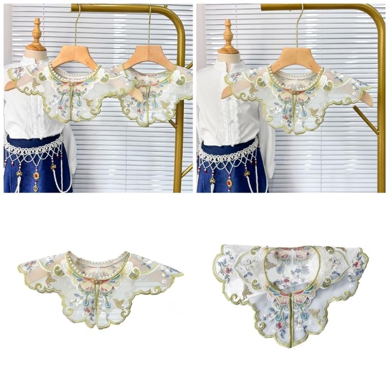 Китайский вышитый ложный воротник с жемчугом и цветочным узором для девочки, декоративный элемент для китайского древнего / выпускного костюма