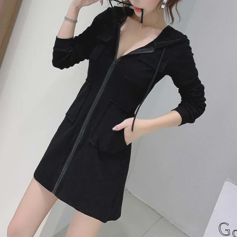 Plush Long-Sleeve Zippered Hoodie Dress - European and American Autumn/Winter Style for Women