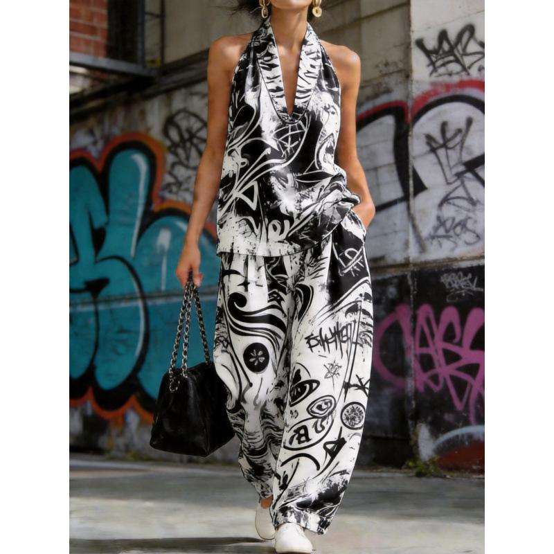 1116 set European and American women's clothing printed neck V-neck sleeveless casual pants set