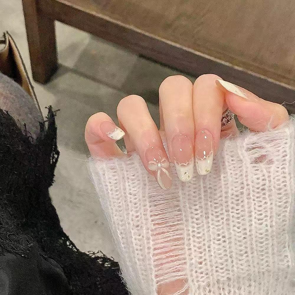 3D Bow & Heart Red Polka Dot Wearable Nail Art Stickers - Long Thin Girly Design