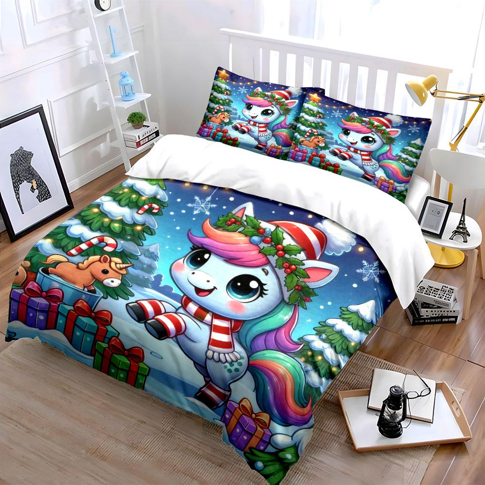 Christmas Unicorn Gift Design Bedding Duvet Cover Set (1*Duvet Cover 2*Pillowcases, without duvet insert)