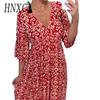 Женская мода Лето Весна с цветочным принтом и рукавом 1/2 с v-образным вырезом повседневные платья
